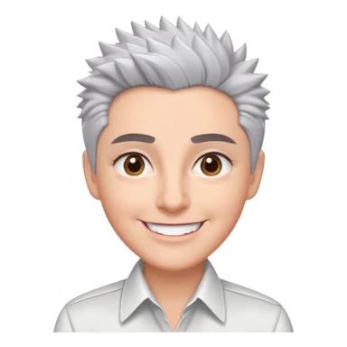 Close-up portrait of Marian Pabón with defined facial structure, light pinkish skin, almond eyes, arched eyebrows, charismatic wide smile, short spiky gray hair, wearing a formal white buttoned shirt sticker