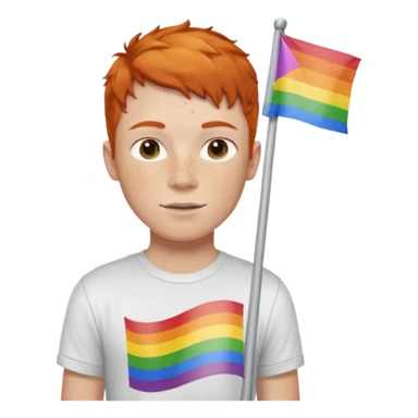 A gay, ginger, young, freckled, boy with a shirt with JUDE on it holding a pride flag sticker