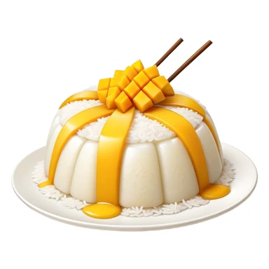 cinematic-realistic-mango-sticky-rice-dessert-emoji,-showcasing-sweet-sticky-rice out of a mould-paired-with-ripe-mango-slices-and-coconut-milk-rendered-with-lifelike-detail-and-warm,-inviting-lighting with the coconut  milk over the rice sticker