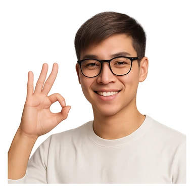 a young Asian man with cool brown short hair, wearing black framed glasses, a white top, making an OK gesture with his right hand, and smiling confidently sticker