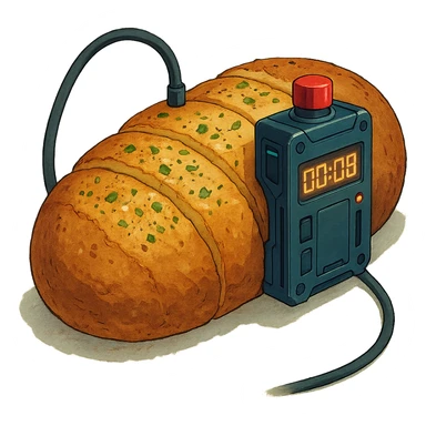 a thermonuclear hand held grenade IED, futuristic cyberpunk. The primed exlosive element is not c4 plastique, but it is garlic bread. small detonator attached to large loaf sticker