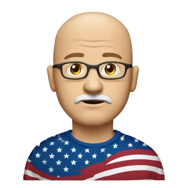 Middle aged Bald white guy with goatee who looks sad wearing a American flag shirt sticker