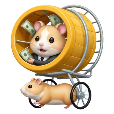 Create an emoji of a tired, overworked entrepreneur running on a hamster wheel, chasing a floating dollar sign or a bag of money. The character has dark circles under their eyes, looks exhausted, and appears stuck in an endless cycle. The hamster wheel represents constant struggle, while the money is always just out of reach. The style should be clean and easily recognizable as an emoji

 sticker