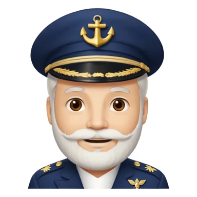 A light-skinned mid-aged man with brown eyes and white beard, smiling while wearing a white captain’s hat with a navy emblem. sticker