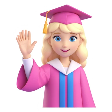 blue eyed blonde girl in pink graduation attire, waving, festive background sticker