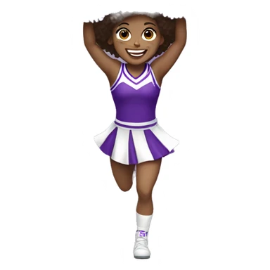 Caucasian cheerleader with dark brown curly hair, jumping and holding up two purple Pom poms, small full body emoji sticker