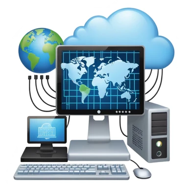 An icon featuring a computer monitor displaying code, a globe with network nodes, and a circuit board, symbolizing IT. The design includes data streams, cloud storage, and a keyboard, representing digital innovation, connectivity, and problem-solving. Transparent background sticker