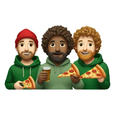 Three white dudes, one wearing a ribbed green sweater,another one is artsy and wears beanies and hoodies, and the other has curly hair and beard wears a linen shirt. They are eating pizza in lower Manhattan, and drinking Stella Artois sticker