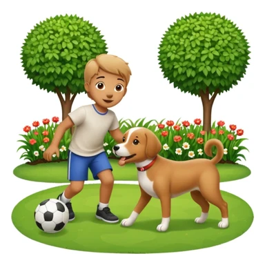 kid and dog playing with ball, garden background sticker