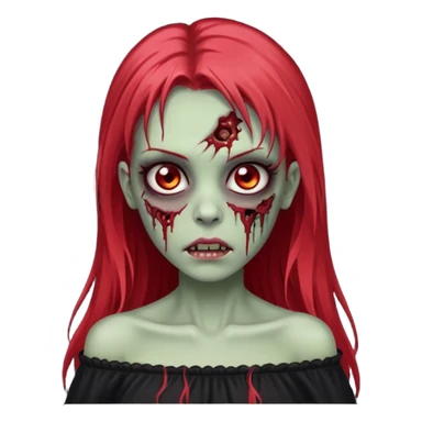 Garota zumbi com cabelo liso longo e mechas vermelhas na lateral da cabeça dos dois lados, usando uma blusa com manga caida preta sticker