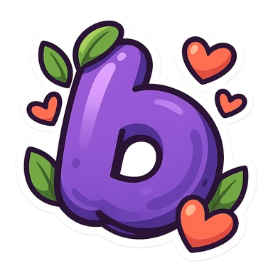 plump vibrant Boosty logo cartoon style purple b without lightning bolt cutout bold outline expressive shadows glossy highlights no background decorated with both leaves and hearts sticker