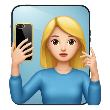 mirror reflection woman holding her phone having selfie sticker
