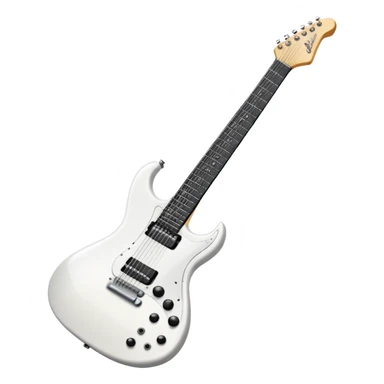 White electric guitar with sleek shiny body, black strings, and smooth neck sticker