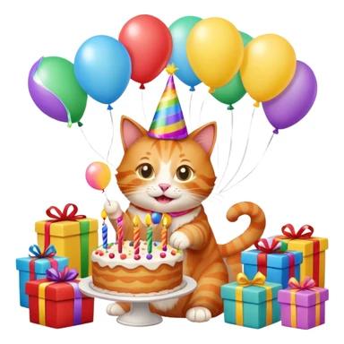 Ginger cat celebrates birthday, birthday hat, birthday cake, balloons, happy, gifts sticker
