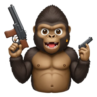 A gorilla holding a gun in the air making a silly face sticker