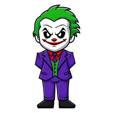 The Joker villain full body with green hair, purple suit, white face, red lips, sinister smile sticker
