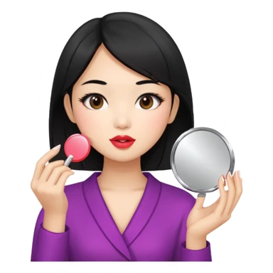 black haired asian girl putting on lipgloss while holding a compact mirror sticker