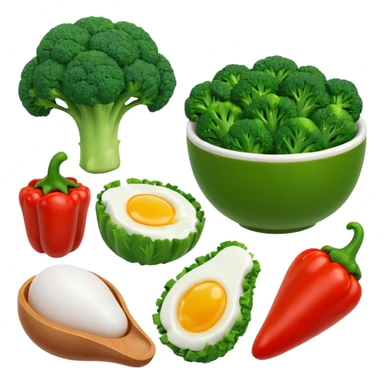 3D food emoji, glossy, smooth shapes, premium style,
broccoli, red bell pepper, rice bowl, chicken breast,
boiled eggs, vitamins bottle,
light warm background
 sticker