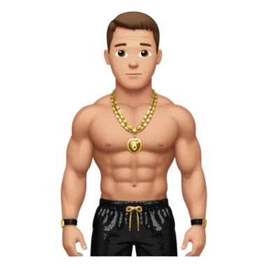 John Cena with black sequin baggy pants, shirtless with necklace, brown hair sticker