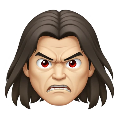 a long-haired Asian man with an angry face sticker