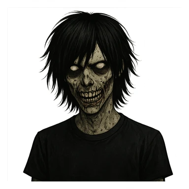 spooky emo boy zombie, medium-long black hair, shaggy, with a sinister, creepy face sticker