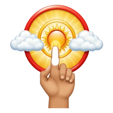 "Create an emoji representation of a hand holding other. One hand with index finger pointing up, surrounded by clouds and sun rays, with a red ring on the ring finger." sticker