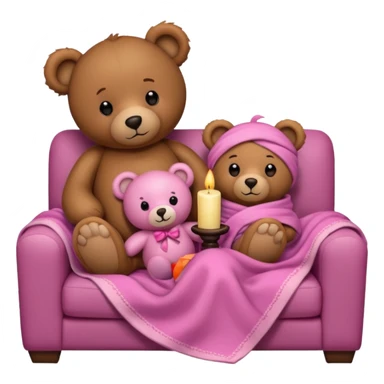 Brown teddy bear cuddling with a pink teddy bear wrapped in a blanket watching tv on couch with candles next to them sticker