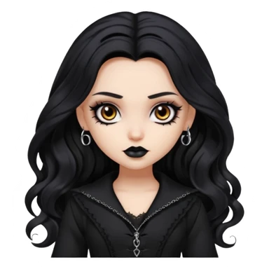 goth bratz baddie, beautiful brown eyes, long wavy black hair, black gothic hair styled, black goth clothes sticker