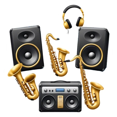 Icon for R&B Music Listening: large concert speakers and headphones with waves of musical notes coming out, along with drums and bass guitar and saxophone. The icon should convey the energetic and rhythmic vibe of R&B music. Transparent background sticker