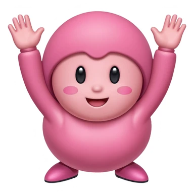 Kirby doing a happy dance, simple round pink character, cheerful expression, arms up sticker