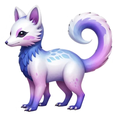  Hyper-realistic Shiny iridescent glossy oily smooth silky soft White with indigo-Violet-purple-pinkish-gradient markings beautiful handsome gorgeous aesthetic colorful vibrant Vernid-Trico-species-Fakemon-creature by LiLaiRa, 4 legs, 1 tail, random markings, (full body) sticker