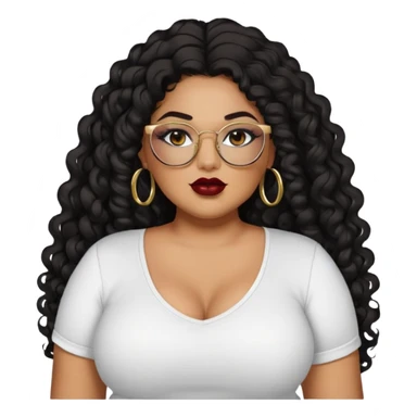 big plus size, latina, darker tan skin, gold hoops, long black curly hair, baddie,pretty, makeup, dark red lipgloss, black eyeliner, long hair, black shirt, black glasses sticker