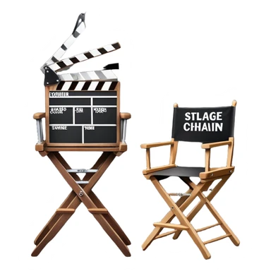 Icon for Directing: a director's chair, a film slate, a megaphone, and a stage set with lights. The icon should represent the creative and leadership aspects of directing, with focus on film and theater production. Transparent background. sticker