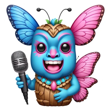 Pixar style little Cartoon Blue and pink tiki singing with butterfly and in the microphone, ultra detailed and lifelike imagery sticker