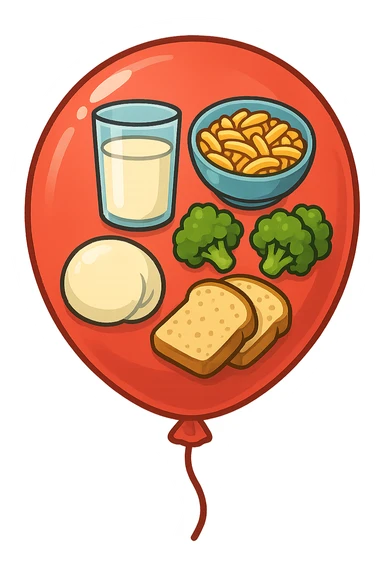 PALLONCINO ROSSO CON DENTRO UNA MOZZARELLA, UN BICCHIERE DI LATTE, UNA BOWL DI PASTA, QUALCHE BROCCOLO, QUALCHE FETTINA DI PANE sticker