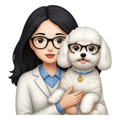 Girl with long black hair and glasses holding a white Bichon Frise dog sticker