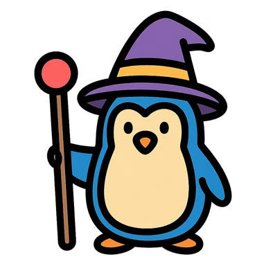 penguin wizard holding a staff, wearing a wizard hat, colored icon with black outlines sticker