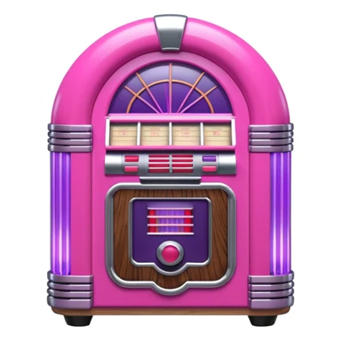 3D render of Jukebox, vintage 1980s audio equipment aesthetic, tactile analog buttons, neon pink and purple light tubes with chrome trim, mixed wood grain and brushed aluminum textures, Apple emoji style, isolated on white background --v 6.0 sticker