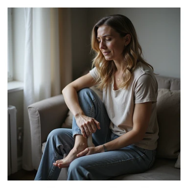 realistic 4K woman sitting on a bench, putting an orthotic insole into her shoe, showing relief expression, then massaging her foot with slight discomfort sticker