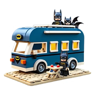  Ultra cute futuristic Lego Haunted Batman and Catwoman dream house Caravan with picnic table and folding chairs at night  sticker