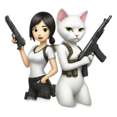 white cat with gun and Asian girl with gun together sticker