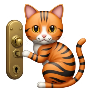 A short-tailed striped cat turning a doorknob sticker