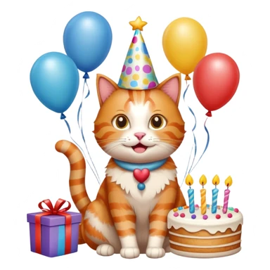 Ginger cat celebrates birthday, birthday hat, birthday cake, balloons, happy, gifts sticker