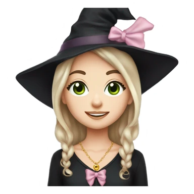 Witchy light brunette haired green eyed light freckles white girl with a witty smile a gold necklace and a black witch hat with a baby pink bow sticker