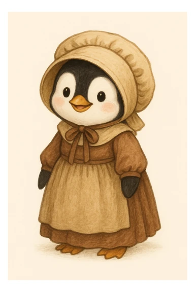 a cute penguin in pioneer clothes, with a bonnet and long dress, smiling, clean background sticker