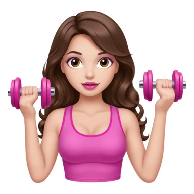 girl with long wavy brown hair, brown eyes, long lashes makeup, sexy pink lips, light to medium complexion, wearing a pink sexy top, lifting a pink dumbells sticker
