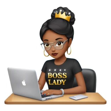 black pretty girl working hard with sparkles on laptop "boss lady" spelled out on shirt sticker