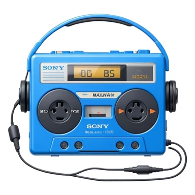 Blue Sony Walkman portable cassette player from the 1980s with headphones sticker