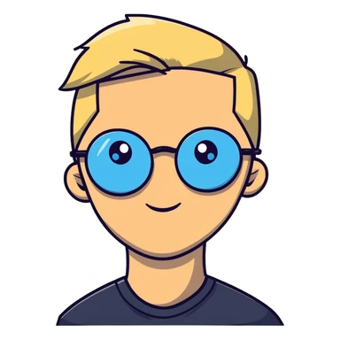 Man with blonde ponytail, round glasses and blue eye sticker