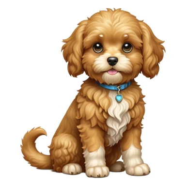 cinematic-[cavoodle dog]-realistic-full-body-sitting-emoji,-tail-resting-loosely-beside-its-paws,-head-tilted-dramatically,-curly-[solid golden]-fur,-simplified-yet-realistic-focused-features,-highly-detailed,-glowing-with-an-almost-sarcastic-glow sticker